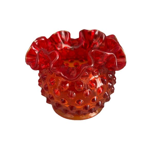 Fenton Glows Amberina Hobnail Small Rose Bowl Ruffle Crimped Orange Glass Vase - Picture 9 of 14